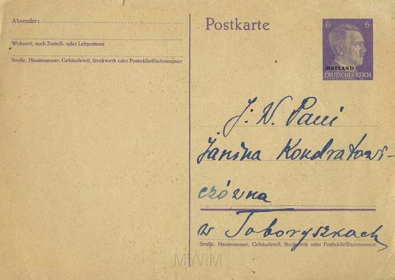 KKE 5481a.jpg - Fot. Karta pocztowa. Zaadresowana od Antoniego i Mari Zakrzeskich dla Janiny Kondratowicz, Niemcy, 24 VI 1943 r.